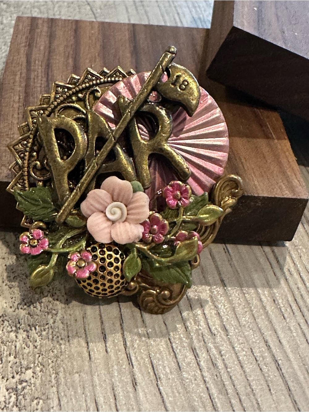PAR Floral Assemblage Brooch Pink Flowers Fan Antique Gold Statement Pin